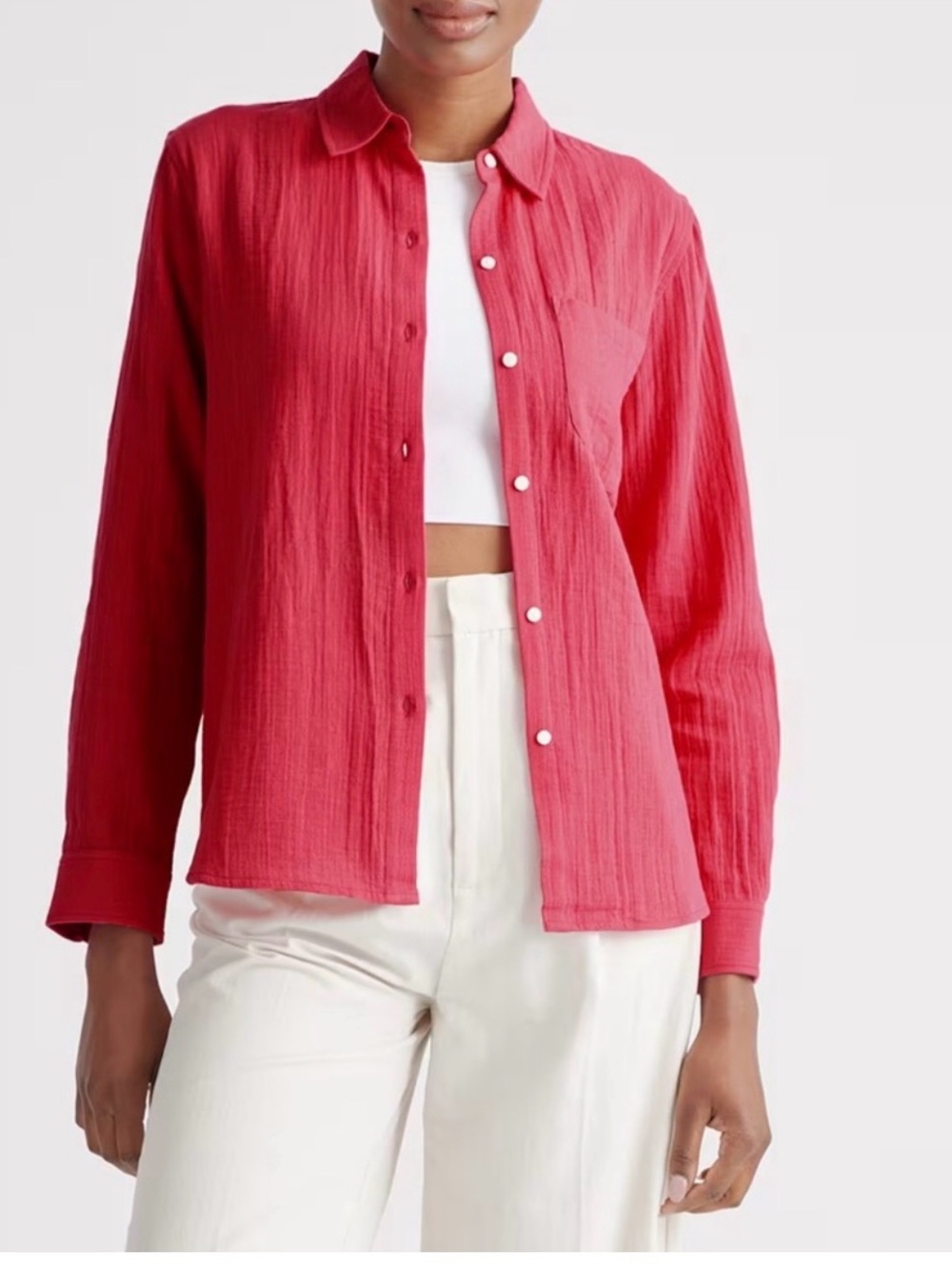 Quince Women's Lightweight Organic Cotton Gauze Button-Down Shirt in Pink M